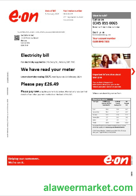 United Kingdom E.ON business utility bill template in Word and PDF formats, version 3